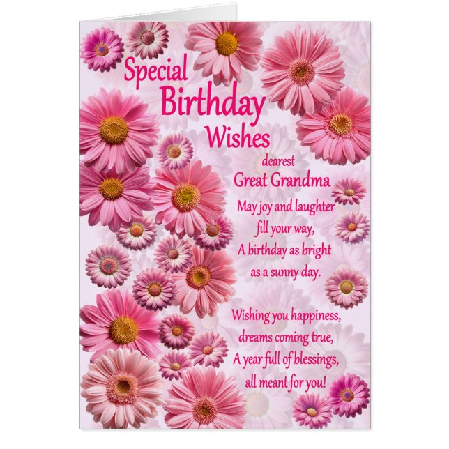 Great Grandma Special Birthday Wishes Pink Daisies (Front)