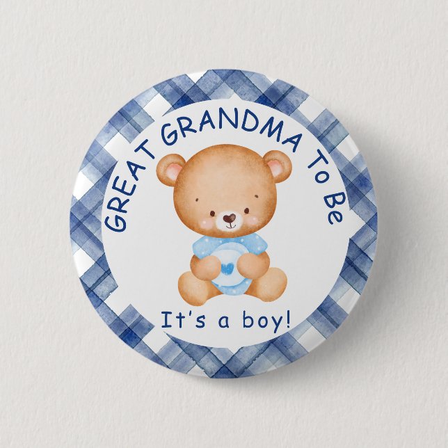 GREAT GRANDMA to be Blue Plaid Baby Shower Button (Front)