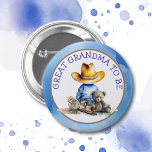 Great Grandma to Be of a Lil' Cowboy | Baby Shower Button<br><div class="desc">Oh,  boy,  it's a Lil' Cowboy! Blue and brown baby Great Grandma to be buttons featuring a little baby boy in a cowboy hat sitting with a teddy bear,  train and baby chick. Country and western themed rustic boy's baby shower.</div>