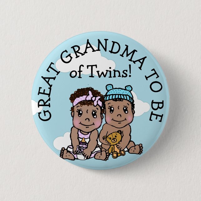Great Grandma to be of Twins, Ethnic Baby Shower Button (Front)