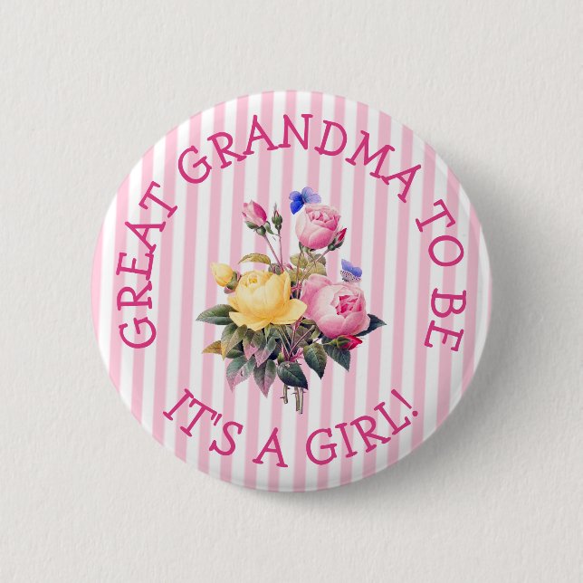 GREAT GRANDMA to be Pink Floral Baby Shower Button (Front)