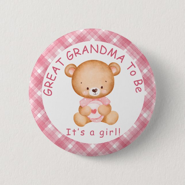 GREAT GRANDMA to be Pink Plaid Baby Shower Button (Front)