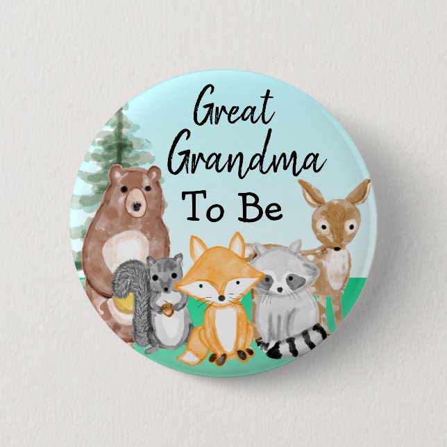Great Grandma To Be Woodland Creatures Baby Shower Button (Front)