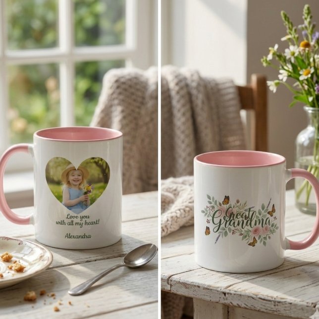 Great Grandma Watercolor Floral Mug (Personalized Heart Photo Great Grandma mug)