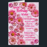 Great Grandmother Special Birthday Wishes Daisies<br><div class="desc">A beautiful birthday card for a great grandmother. A wonderful birthday card full of pink daisies. A lovely heartfelt verse completes the lovely feeling this card brings. Send sincere birthday wishes to someone special.</div>