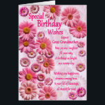 Great Grandmother Special Birthday Wishes Daisies Cards<br><div class="desc">A beautiful birthday card for a great grandmother. A wonderful birthday card full of pink daisies. A lovely heartfelt verse completes the lovely feeling this card brings. Send sincere birthday wishes to someone special.</div>