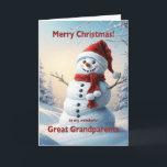 Great Grandparents Christmas Snowman  Holiday Card<br><div class="desc">A festive winter scene showing a cheerful snowman in a red hat and scarf. Wish your great grandparents a merry Christmas with a lovely snowman card.</div>