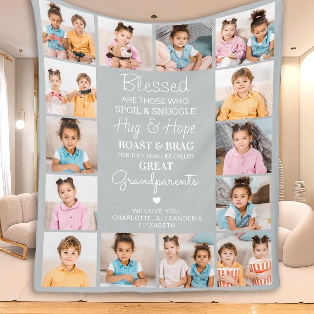 Great Grandparents Custom ModernGray Photo Collage Fleece Blanket (Creator Uploaded)