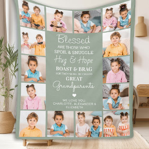 Great Grandparents Custom Sage Green Photo Collage Fleece Blanket