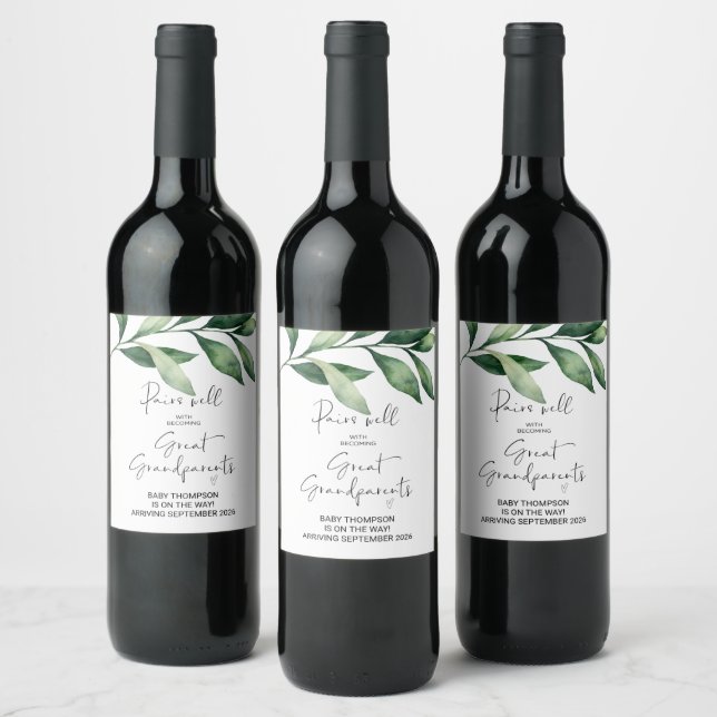 Great Grandparents Pregnancy Announcement Parents  Wine Label (Bottles)