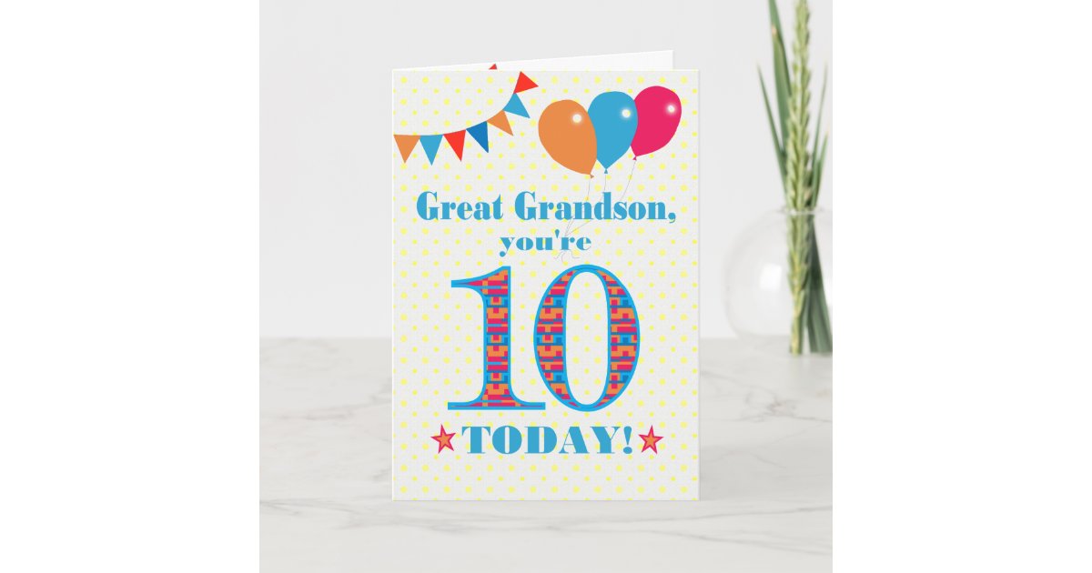 Great Grandson 10th Birthday Bunting Balloons Card | Zazzle