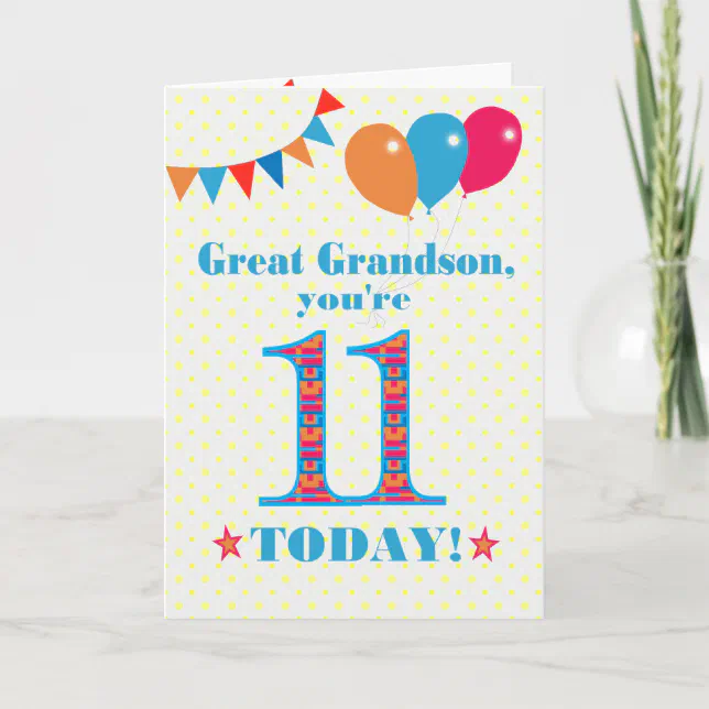 Great Grandson 11th Birthday Bunting Balloons Card | Zazzle