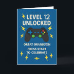 Great Grandson 12th Birthday Game Controller Age Card<br><div class="desc">Celebrate your great grandson’s 12th birthday with this bold and playful gaming-themed design! “Level 12 Unlocked” appears above a colorful controller surrounded by lightning bolts on a bright blue background, perfect for preteens who enjoy gaming and good times. The inside message cheers on all the good he brings to the...</div>