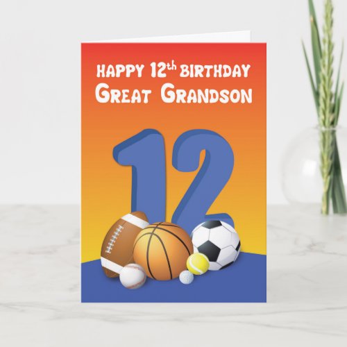 Great Grandson 12th Birthday Sports Balls Card