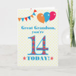 Great Grandson 14th Birthday Bunting Balloons Card<br><div class="desc">A colourful birthday card for a 14-year-old great grandson, The large number 14 is filled with an orange, red and blue pattern, outlined in bright blue. There are balloons and bunting at the top, in matching colours and the front cover greeting is, 'Great grandson, you're 14 today!' in bright red...</div>