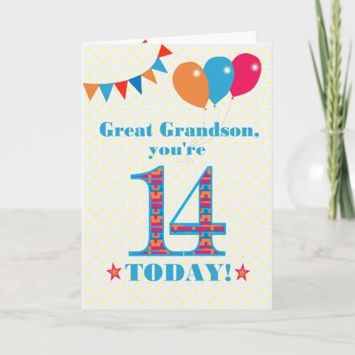 Great Grandson 14th Birthday Bunting Balloons Card