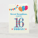 Great Grandson 16th Birthday Bunting Balloons Card<br><div class="desc">A colorful birthday card for a 16-year-old great grandson, The large number 16 is filled with an orange, red and blue pattern, outlined in bright blue. There are balloons and bunting at the top, in matching colors and the front cover greeting is, 'Great grandson, you're 16 today!' in bright red...</div>