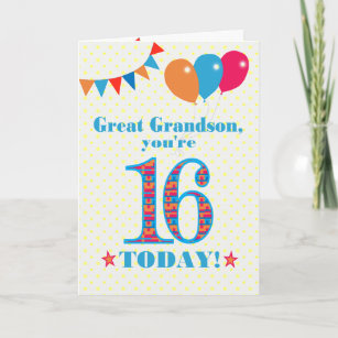 Great Grandson 16th Birthday Bunting Balloons Card