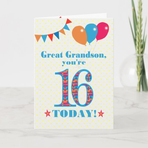 Great Grandson 16th Birthday Bunting Balloons Card