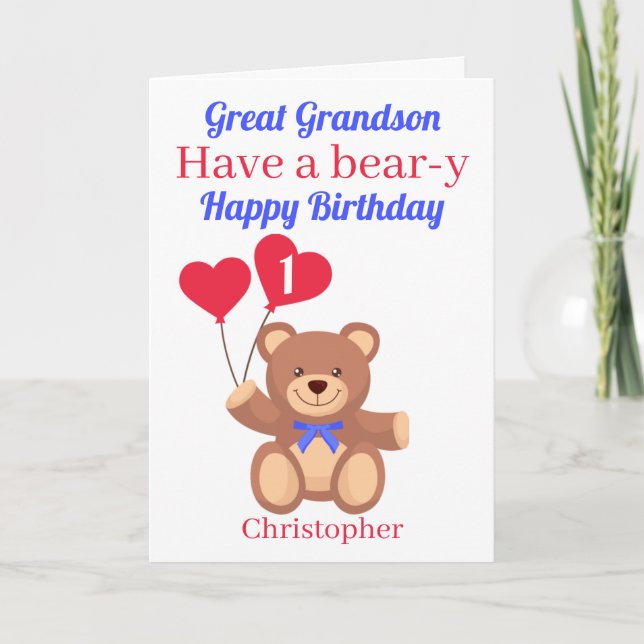 Great Grandson 1st Bear-y Birthday Card (Front)