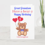 Great Grandson 1st Bear-y Birthday Card<br><div class="desc">Great Grandson Have a bear-y Happy Birthday card featuring a teddy bear holding 2 red heart balloons with the birthday boy's age . A fun play on words. A great card to send to your great grandchild to celebrate his birthday . All text can be amended to customized the card...</div>