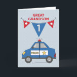 Great Grandson 1st Birthday Blue Police Car Card<br><div class="desc">A great grandson of yours will be celebrating his very first birthday soon. Why not gift him with this cute police car card. The number one is shown on the flag to indicate his age. Get a copy now!</div>