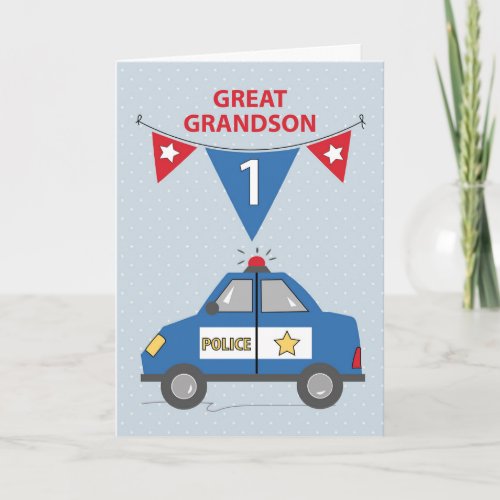 Great Grandson 1st Birthday Blue Police Car Card