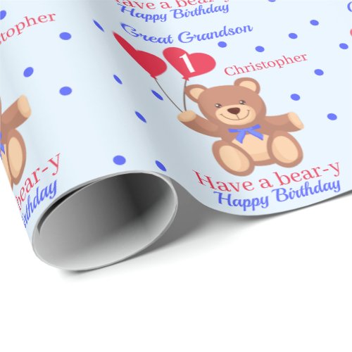 Great Grandson 1st Birthday Teddy Bear Blue Wrapping Paper