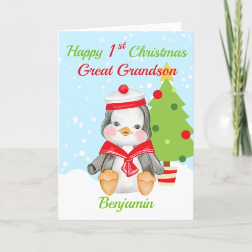 Great Grandson 1st Christmas Cute Penguin Holiday Card