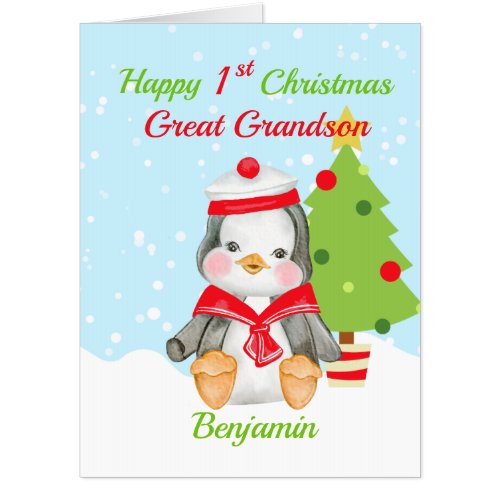 Great Grandson 1st Christmas Penguin Oversized Card