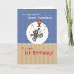 Great Grandson 1st Teddy Bear Balloon Birthday Card<br><div class="desc">A teddy bear wearing an orange t-shirt and blue jeans is wainting for your Great Grandson with a big balloon. Wish him a very happy 1st Birthday with this colorful illustration.</div>