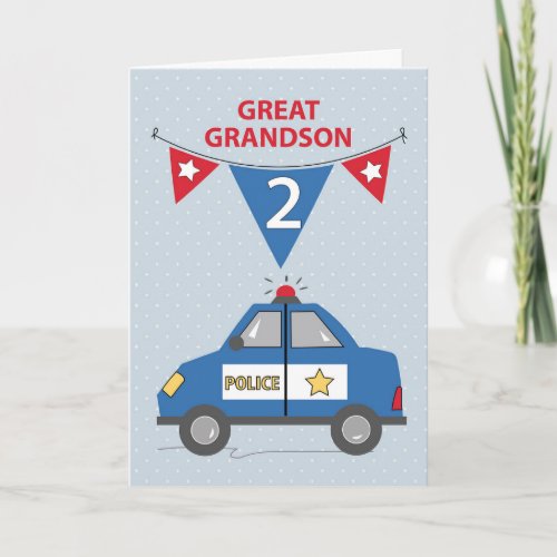 Great Grandson 2nd Birthday Blue Police Car Card