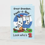 Great Grandson, 2nd Birthday, Peek-a-Boo Kitten Card<br><div class="desc">A cute illustration of a kitten hiding and playing peek-a-boo is shown on a blue card.
Perfect to send with your wishes for him as he turns two,  2!</div>