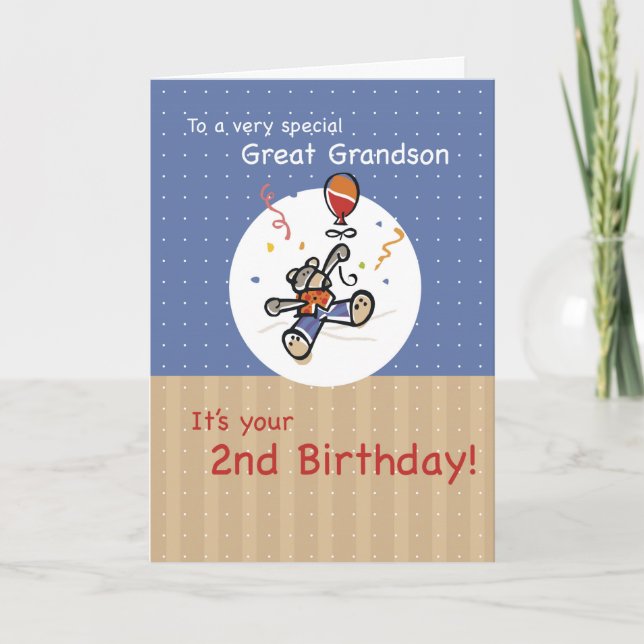 Great Grandson 2nd Teddy Bear Balloon Birthday Card (Front)
