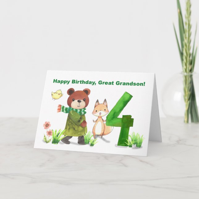 Great Grandson 4th Birthday Bear Fox Large Five Card (Front)