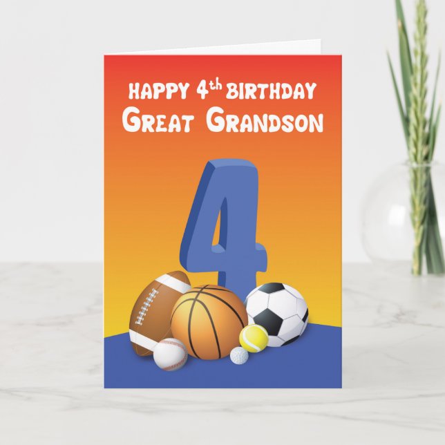 Great Grandson 4th Birthday Sports Balls Card (Front)