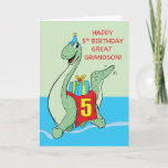 Great Grandson, 5th Birthday Dinosaur Card<br><div class="desc">Now that your great grandson’s 5th birthday celebration is just around the corner then you should be getting your hands on this card already. The cover shows a gigantic dinosaur running with a birthday gift on his back. This card is definitely right for him.</div>