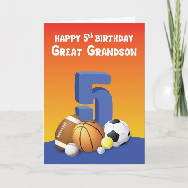 Great Grandson 5th Birthday Sports Balls Card (Front)