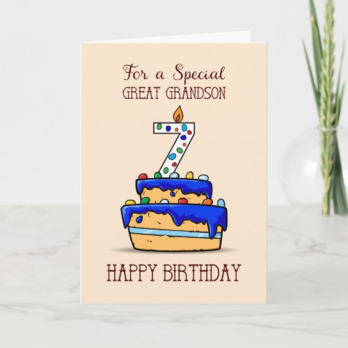 Great Grandson 7th Birthday 7 on Sweet Blue Cake Card