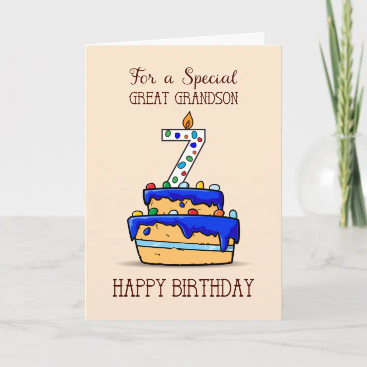 Happy Birthday Grandson Cake Images Great Grandson 7Th Birthday, 7 On Sweet Blue Cake Card | Zazzle