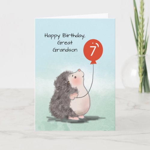 Great Grandson 7th Birthday Cute Hedgehog Balloon Card