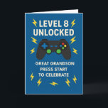 Great Grandson 8th Birthday Game Controller Age 8  Card<br><div class="desc">Your great grandson is turning 8—and it’s game time! Celebrate his big day with this fun and colorful design featuring a video game controller, lightning bolts, and the message “Level 8 Unlocked.” Set against a bold blue background, this card is made for young gamers who love action, challenge, and fun....</div>