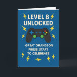 Great Grandson 8th Birthday Game Controller Age 8  Card<br><div class="desc">Your great grandson is turning 8—and it’s game time! Celebrate his big day with this fun and colorful design featuring a video game controller, lightning bolts, and the message “Level 8 Unlocked.” Set against a bold blue background, this card is made for young gamers who love action, challenge, and fun....</div>