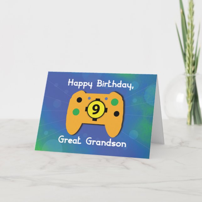 Great Grandson 9 Year Old Birthday Gamer Control Card (Front)