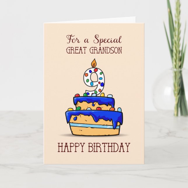 Great Grandson 9th Birthday, 9 on Sweet Blue Cake Card (Front)
