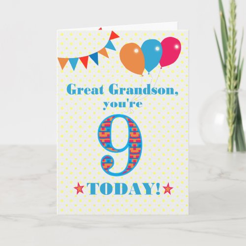 Great Grandson 9th Birthday Bunting Balloons Card
