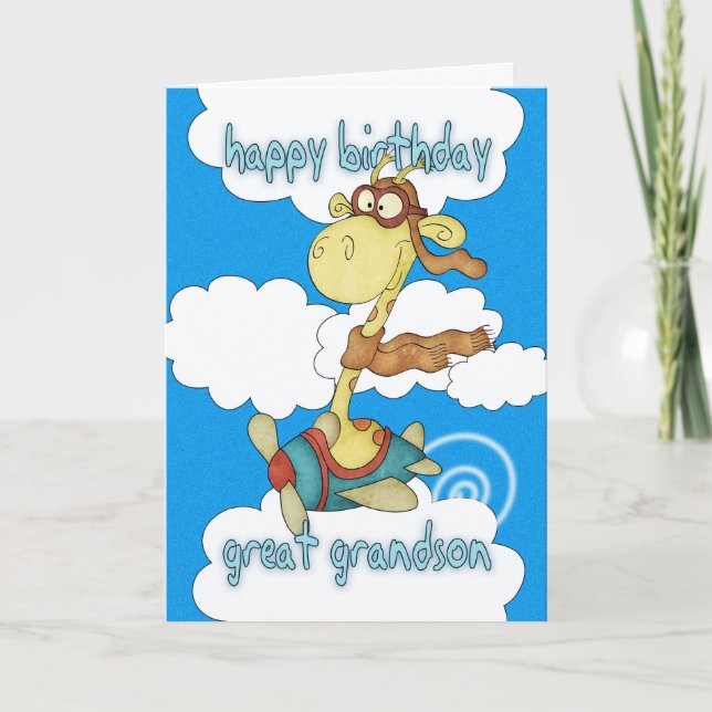 Great Grandson Aeroplane / Airplane Giraffe Birthd Card (Front)