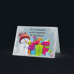 Great Grandson at Christmas Card<br><div class="desc">Lovely Christmas card for a Great Grandson at christmas. Featuring a cute snowman and pile of presents against a snowy background. Fully customizable for your own words.</div>