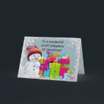 Great Grandson at Christmas Card<br><div class="desc">Lovely Christmas card for a Great Grandson at christmas. Featuring a cute snowman and pile of presents against a snowy background. Fully customizable for your own words.</div>