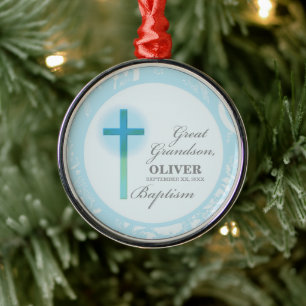 Great Grandson Baptism Blue Lace Personalized Metal Ornament